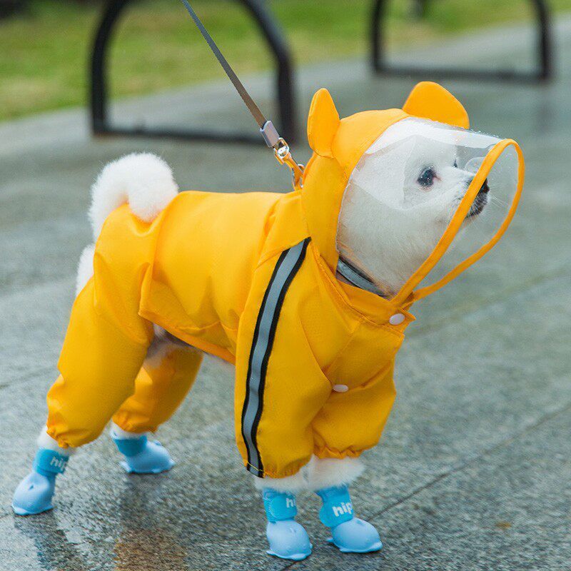 Full-Body Four-Legged Waterproof Pet Raincoat – Detachable Tail Removable Bootie Storm Hoodie