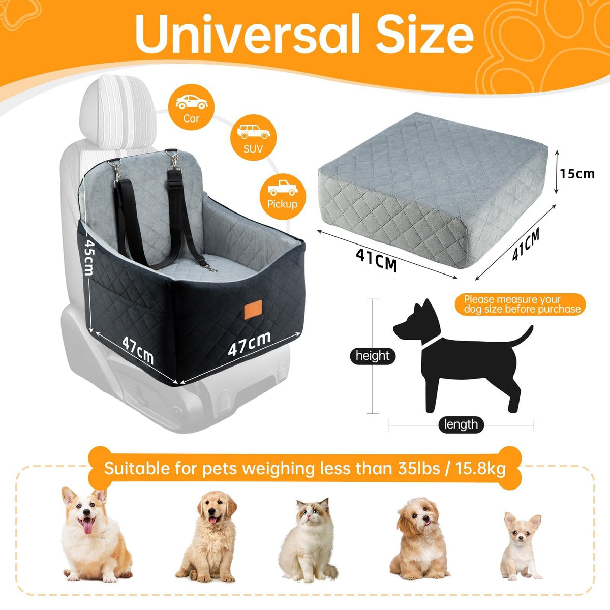 Washable Elevated Base Pet Car Bed – Detachable Breathable Multi-Surface Travel Seat