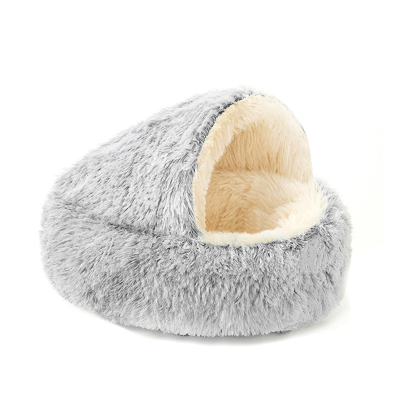 Semi-Enclosed Shell Shape Pet Cave Bed – Winter Warm Crystal Velvet Calming Nest