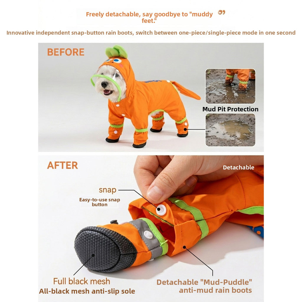 Full-Body Four-Legged Waterproof Pet Raincoat – Detachable Tail Removable Bootie Storm Hoodie