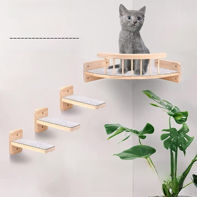 Wall-Mounted Solid Wood Cat Climbing Frame – Space-Saving Multi-Level Perch Bed Set