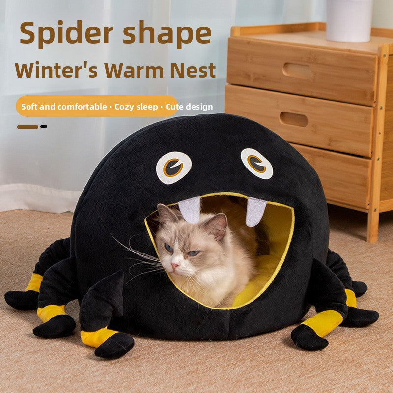 Semi-Enclosed Spider Halloween Pet Bed – Black Anti-Anxiety Soft Holiday Lounge Cave