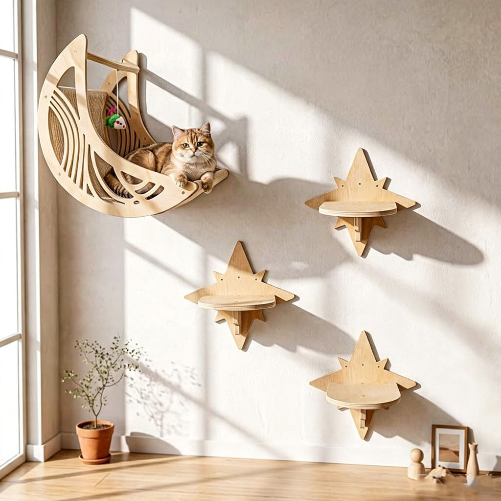 Wooden Wall-Mounted Cat Climbing Gym – Celestial Moon Bed Interactive Play Set