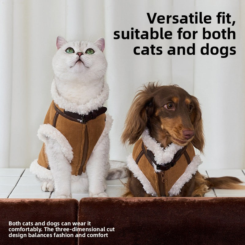 Cozy Leather Winter Dog Jacket – Plush Fleece-Lined Warm Insulation Holiday Vest