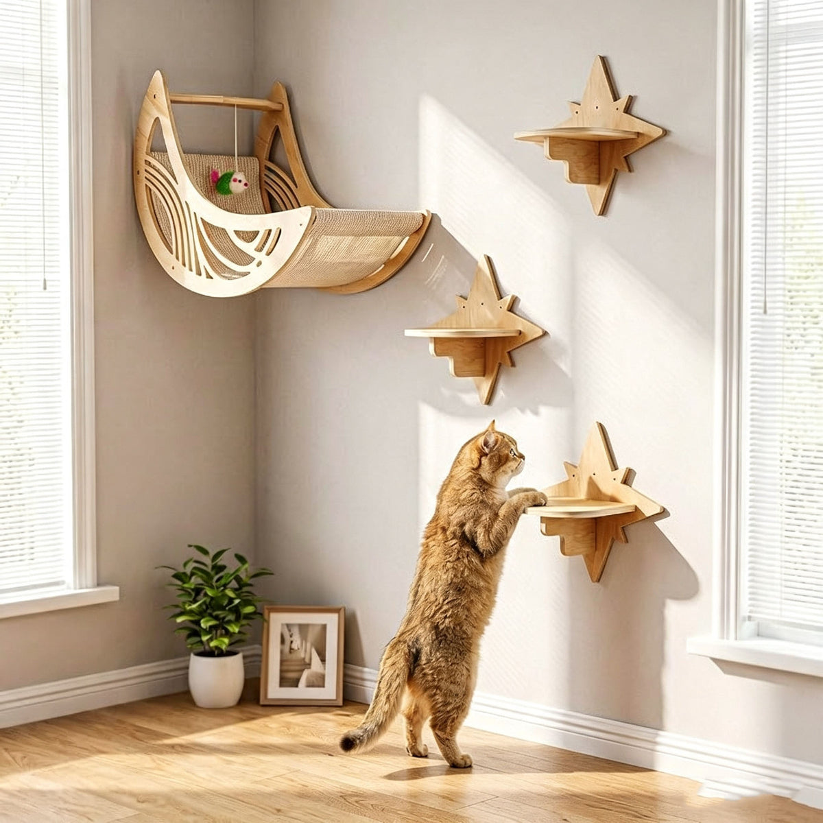 Wooden Wall-Mounted Cat Climbing Gym – Celestial Moon Bed Interactive Play Set