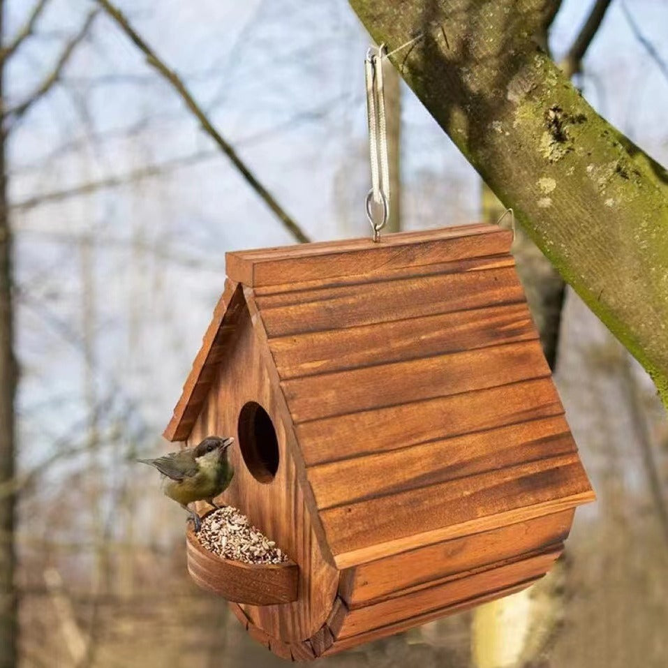 Burnt Finish Solid Wood Bird House – Semi-Circle Hanging Outdoor Breeding Nest