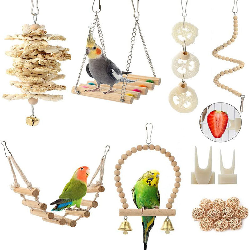 Wooden Bird Toy Set With Stairs – Interactive Swing Chew Playground For Cage Enrichment