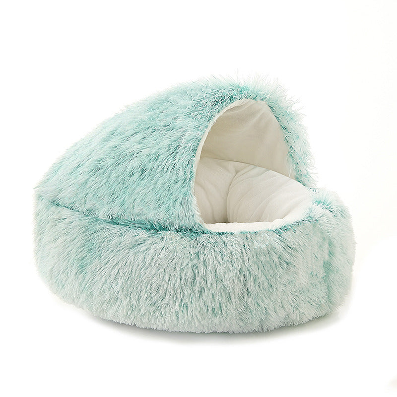 Semi-Enclosed Shell Shape Pet Cave Bed – Winter Warm Crystal Velvet Calming Nest
