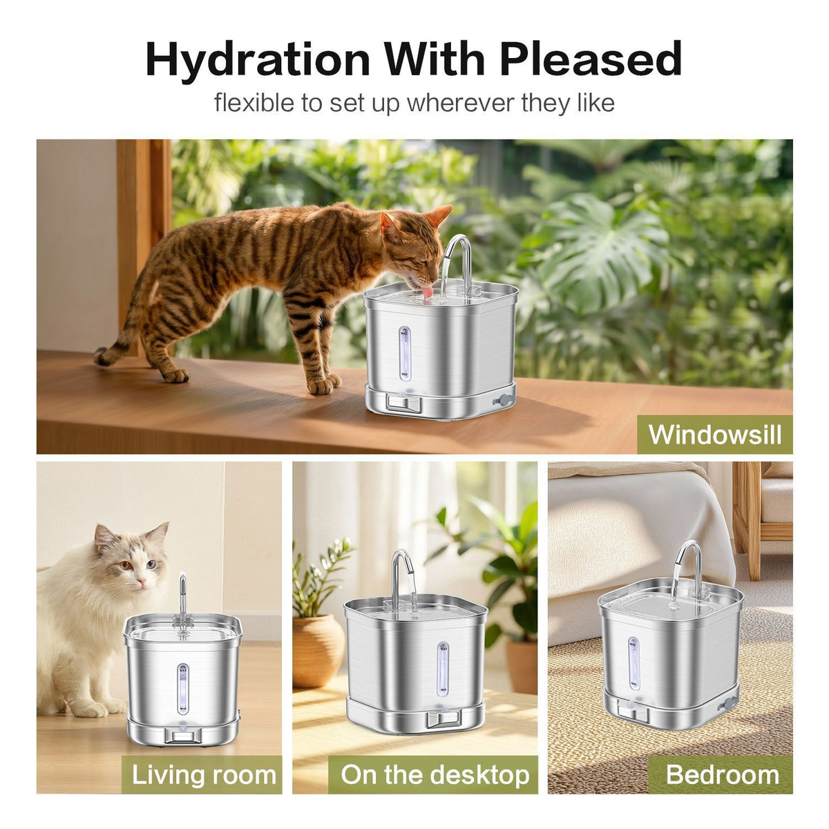 Smart Cordless Stainless Steel Cat Fountain – Wireless Automatic Flowing Water Dispenser