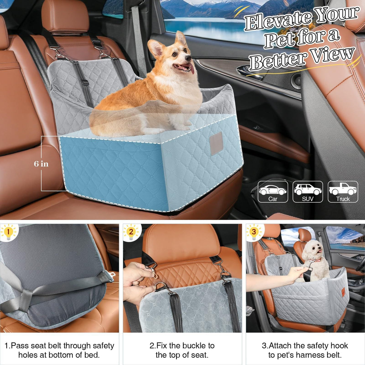 Washable Elevated Base Pet Car Bed – Detachable Breathable Multi-Surface Travel Seat