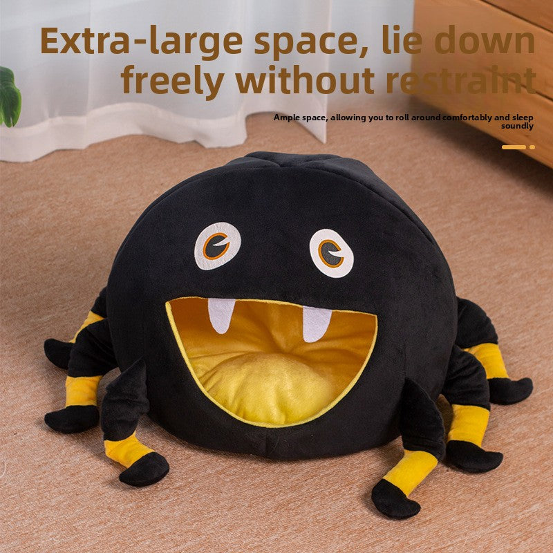 Semi-Enclosed Spider Halloween Pet Bed – Black Anti-Anxiety Soft Holiday Lounge Cave