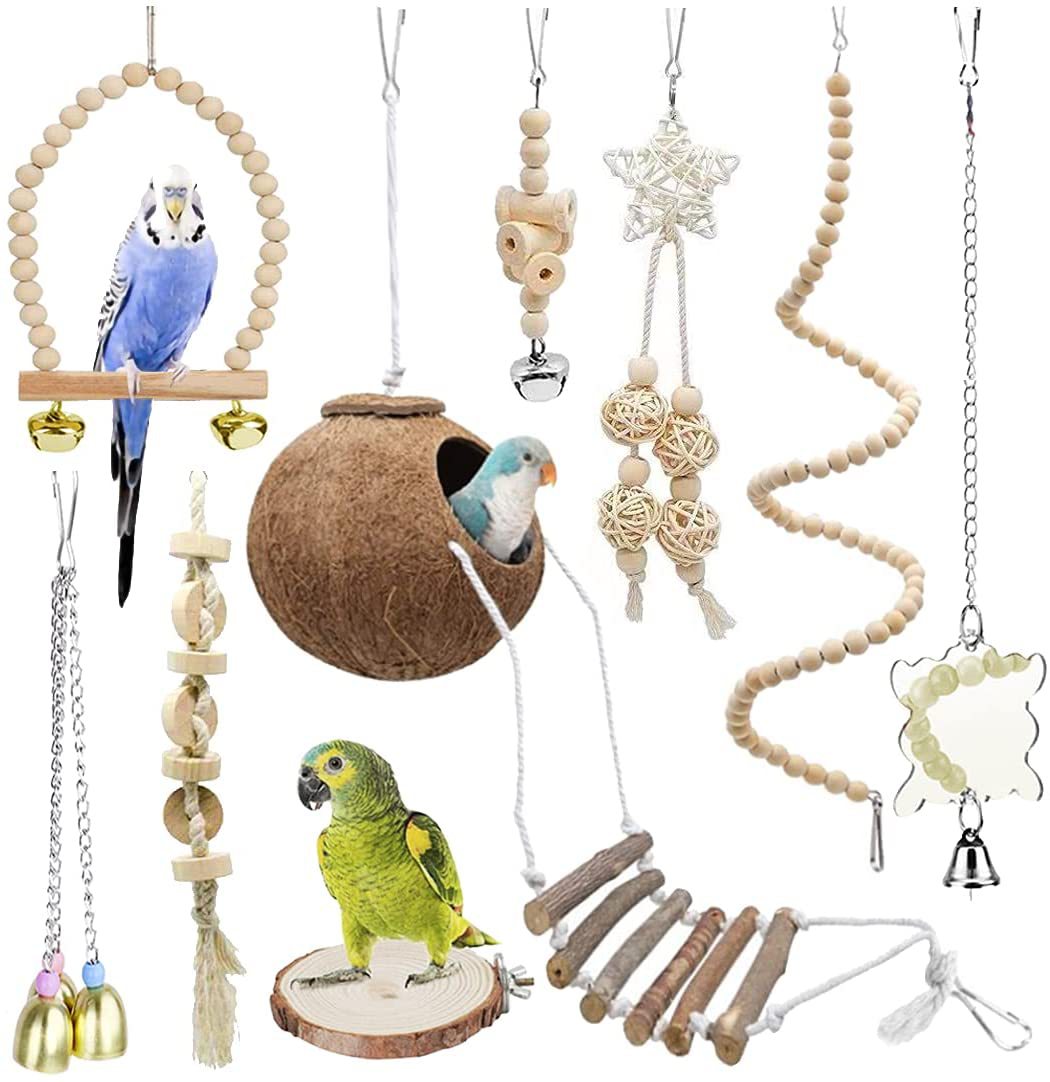 Wooden Bird Toy Set With Stairs – Interactive Swing Chew Playground For Cage Enrichment