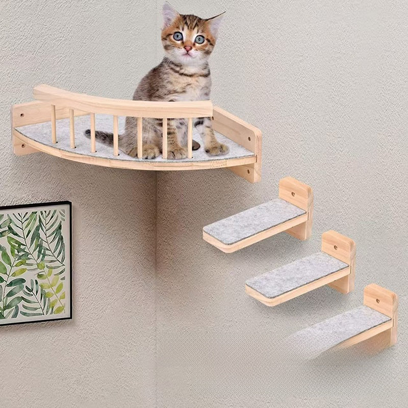 Wall-Mounted Solid Wood Cat Climbing Frame – Space-Saving Multi-Level Perch Bed Set