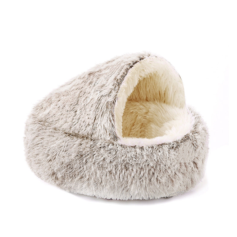 Semi-Enclosed Shell Shape Pet Cave Bed – Winter Warm Crystal Velvet Calming Nest