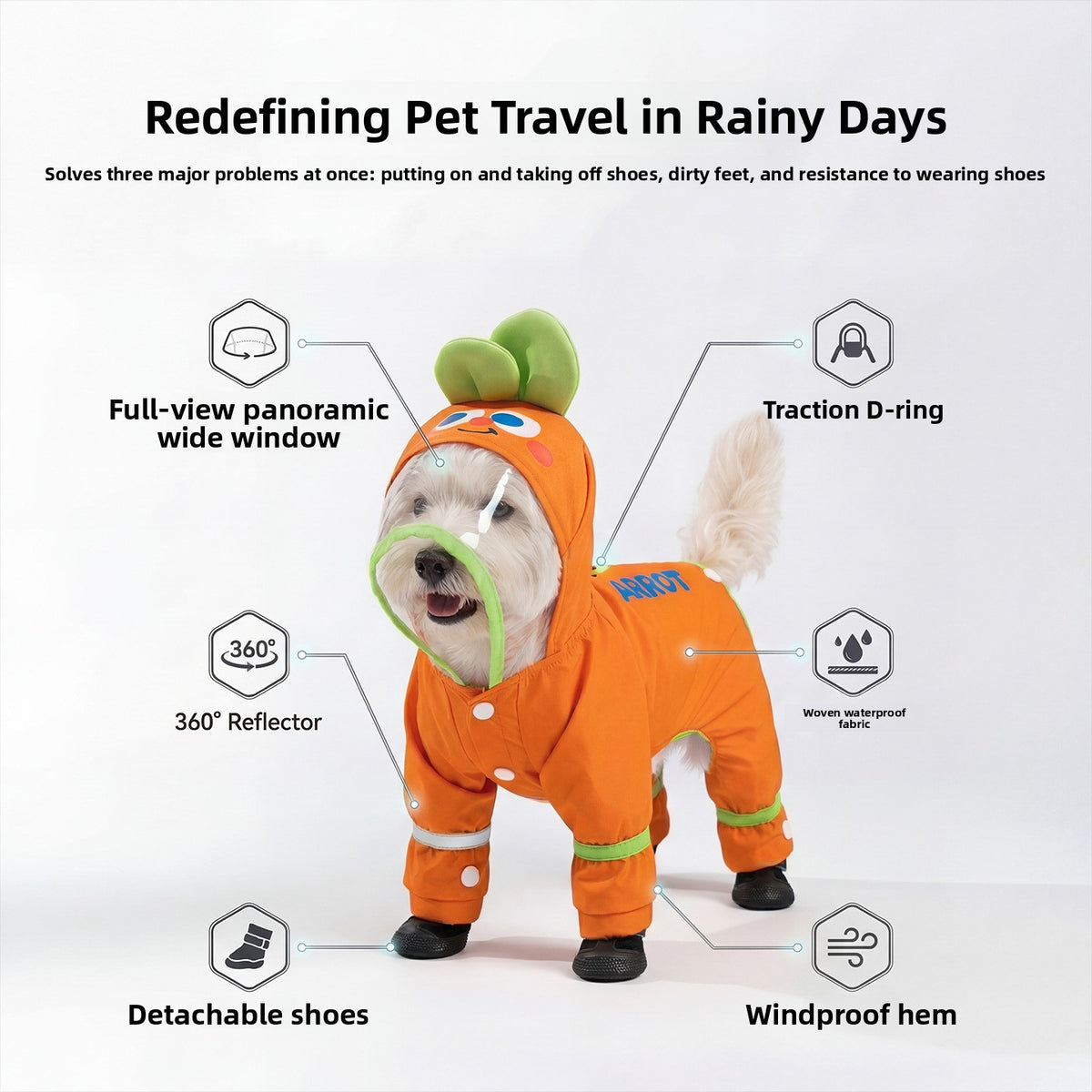 Full-Body Four-Legged Waterproof Pet Raincoat – Detachable Tail Removable Bootie Storm Hoodie
