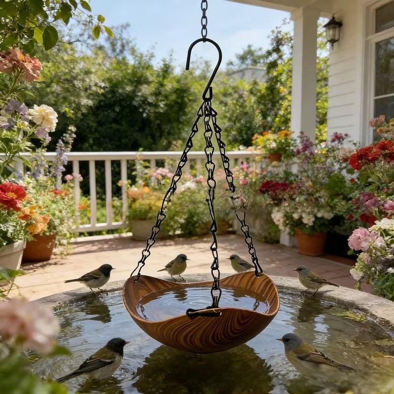 Hanging Wooden Bird Bath Outdoor Oasis – Heavy-Duty Anti-Rust Chain Garden Basin