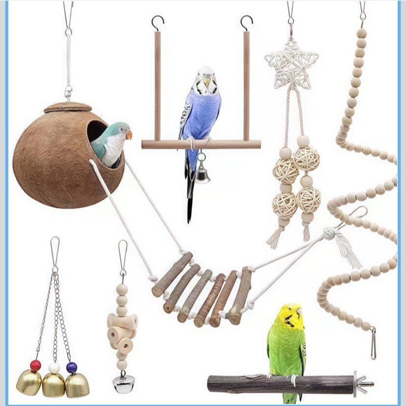Wooden Bird Toy Set With Stairs – Interactive Swing Chew Playground For Cage Enrichment