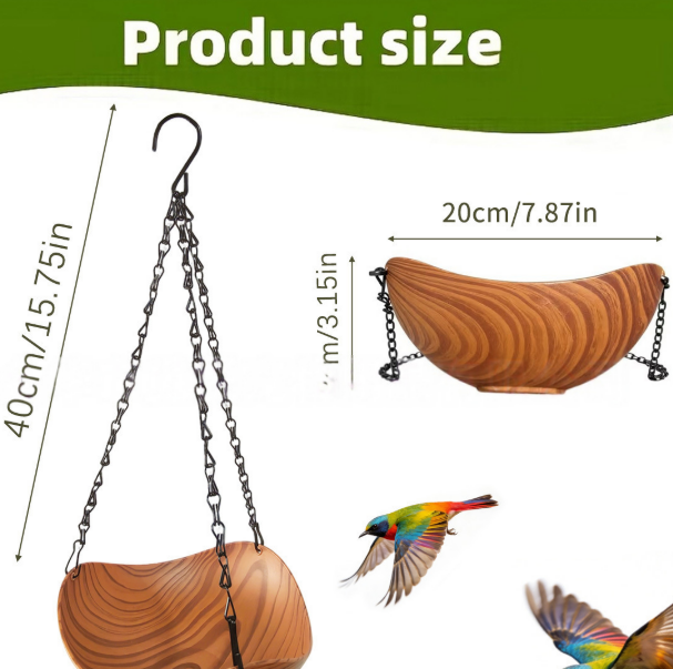 Hanging Wooden Bird Bath Outdoor Oasis – Heavy-Duty Anti-Rust Chain Garden Basin
