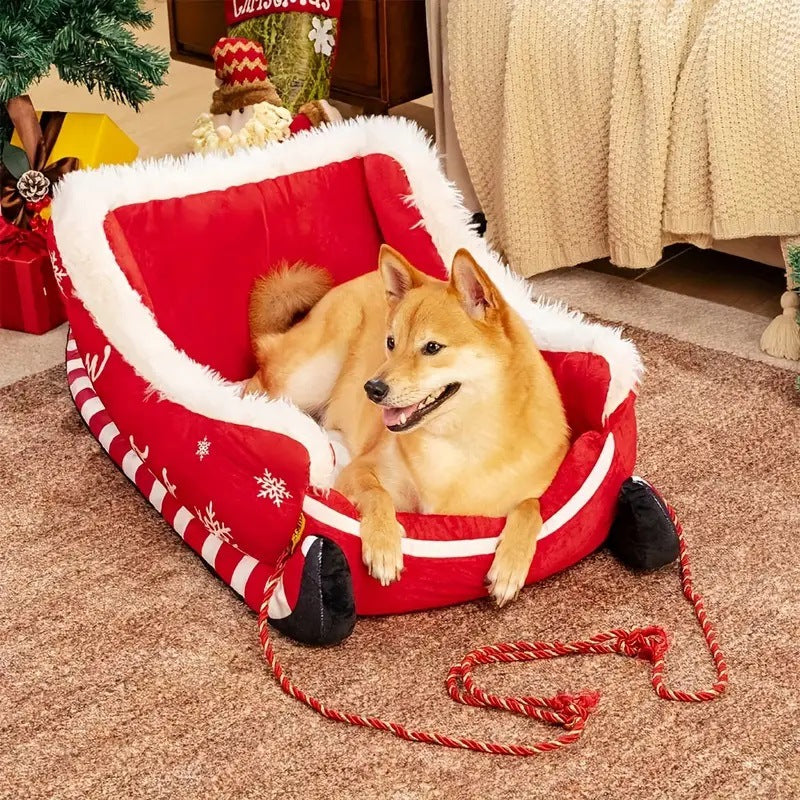 Festive Christmas Sleigh Plush Pet Bed – Winter Warm PP Cotton Insulating Lounger