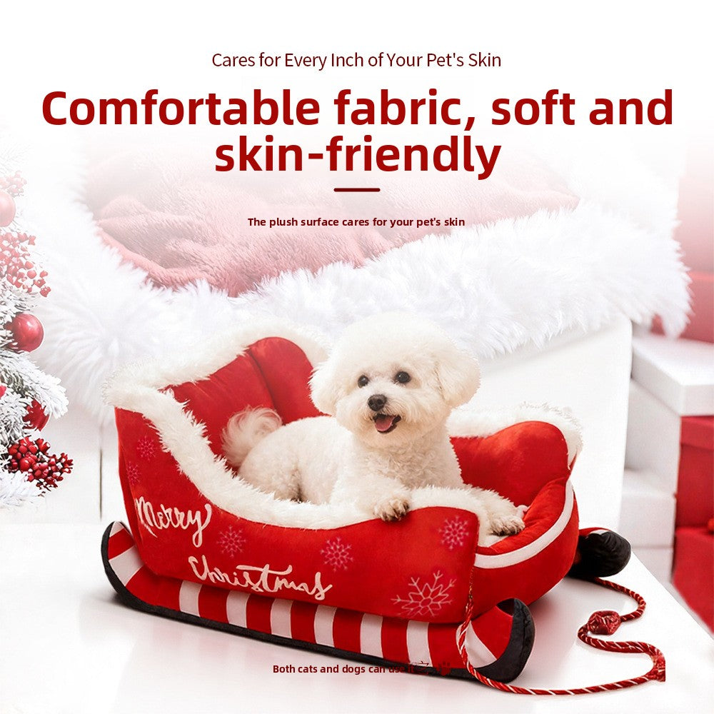 Festive Christmas Sleigh Plush Pet Bed – Winter Warm PP Cotton Insulating Lounger