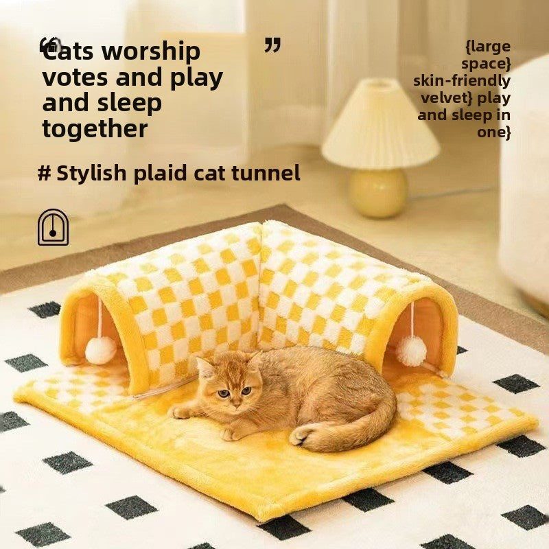 2-in-1 Foldable Plush Pet Bed Tunnel – Reversible Interactive Maze Lounge Mat