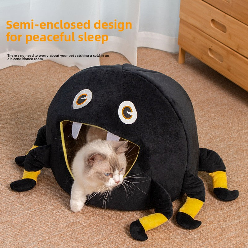 Semi-Enclosed Spider Halloween Pet Bed – Black Anti-Anxiety Soft Holiday Lounge Cave