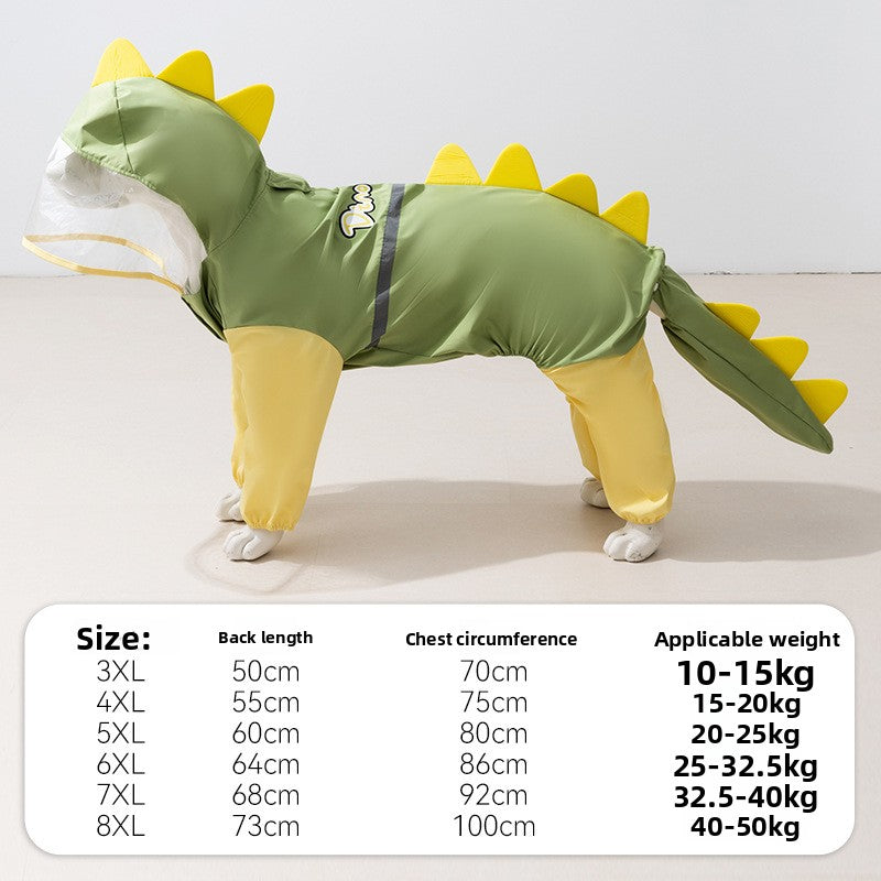 Full-Body Waterproof Dinosaur Pet Raincoat – Four-Legged 3D Tail All-Weather Storm Hoodie