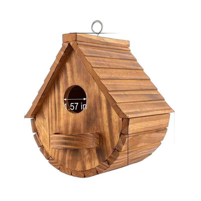 Burnt Finish Solid Wood Bird House – Semi-Circle Hanging Outdoor Breeding Nest