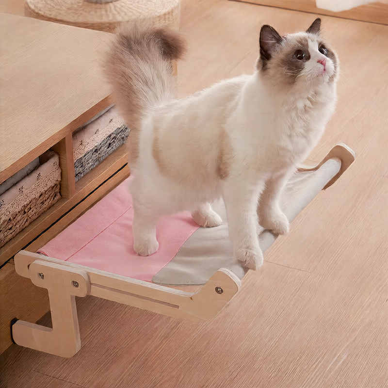 Versatile Wooden Hanging Cat Hammock – Multi-Mount Window Balcony and Bedside Cradle