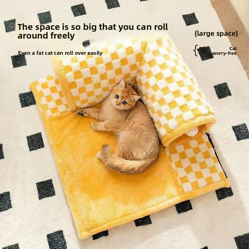 2-in-1 Foldable Plush Pet Bed Tunnel – Reversible Interactive Maze Lounge Mat