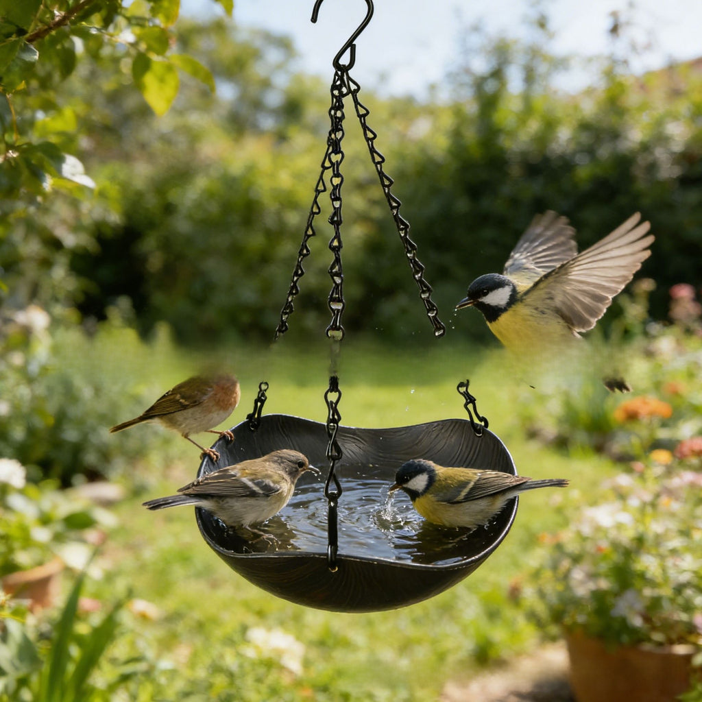 Hanging Wooden Bird Bath Outdoor Oasis – Heavy-Duty Anti-Rust Chain Garden Basin