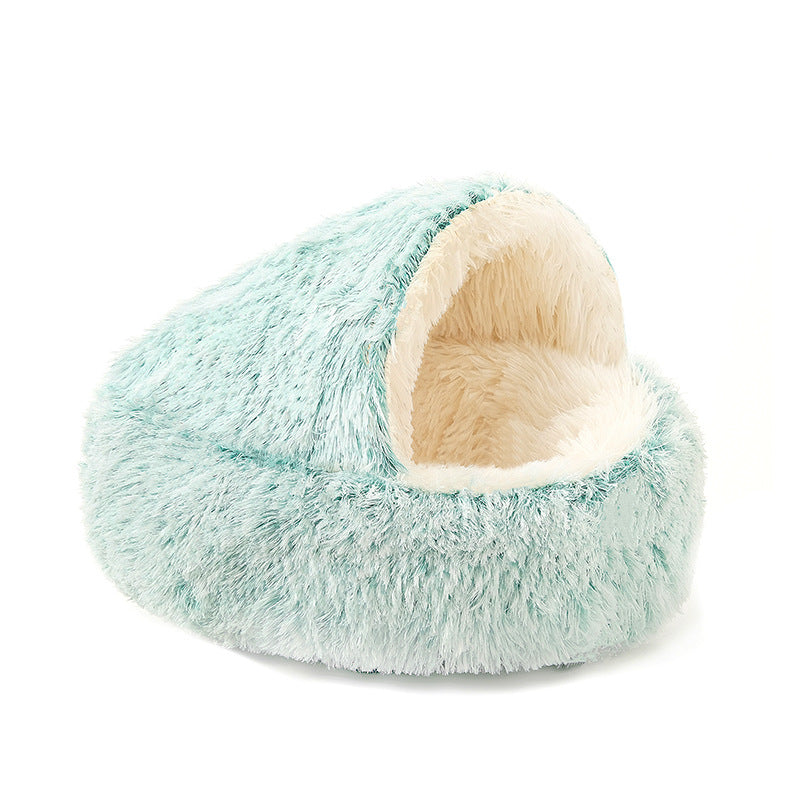 Semi-Enclosed Shell Shape Pet Cave Bed – Winter Warm Crystal Velvet Calming Nest