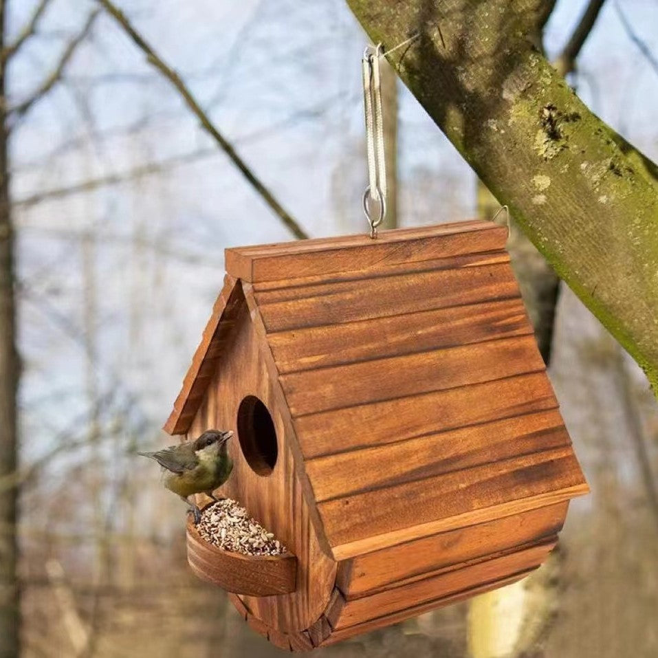 Burnt Finish Solid Wood Bird House – Semi-Circle Hanging Outdoor Breeding Nest