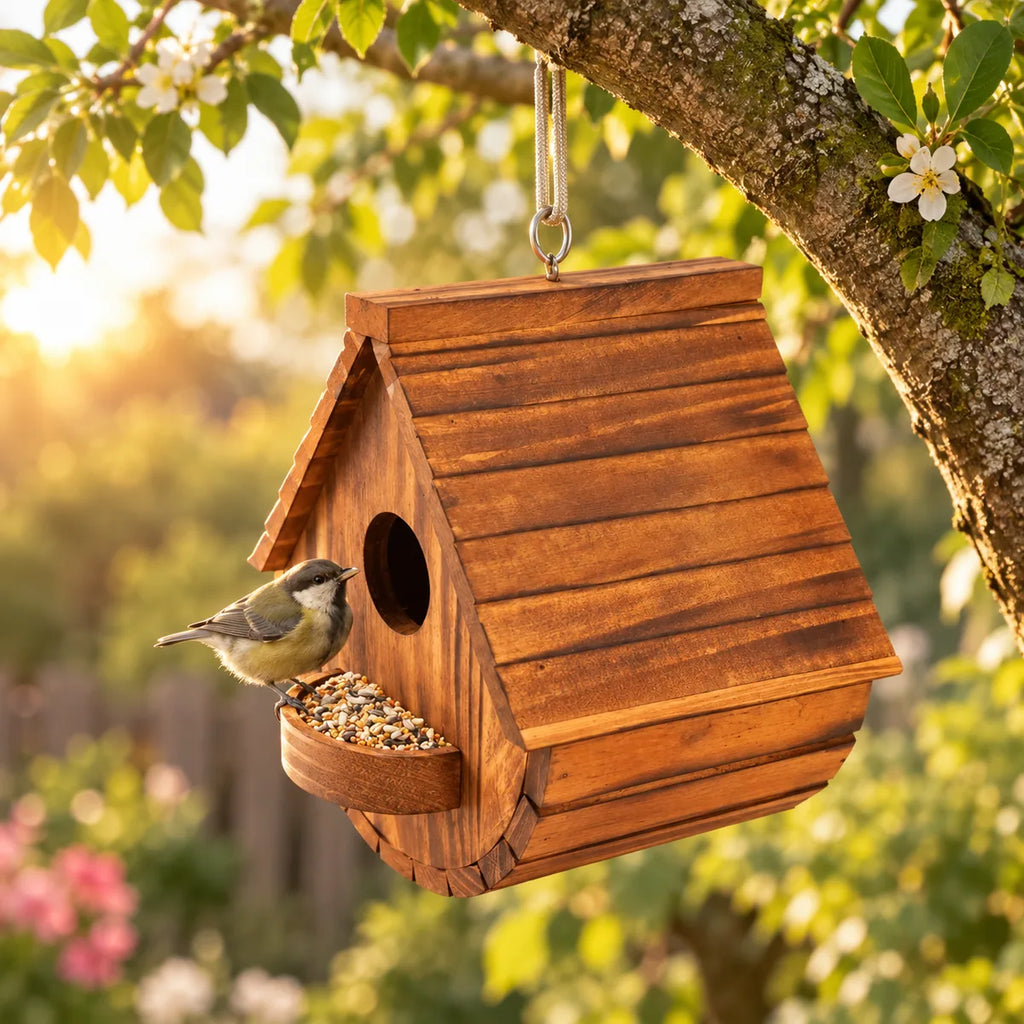 Burnt Finish Solid Wood Bird House – Semi-Circle Hanging Outdoor Breeding Nest