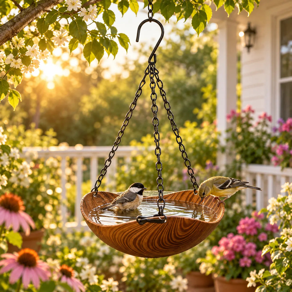 Hanging Wooden Bird Bath Outdoor Oasis – Heavy-Duty Anti-Rust Chain Garden Basin