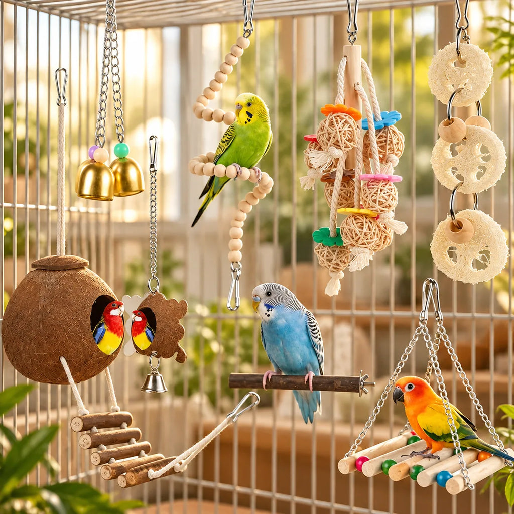 Wooden Bird Toy Set With Stairs – Interactive Swing Chew Playground For Cage Enrichment