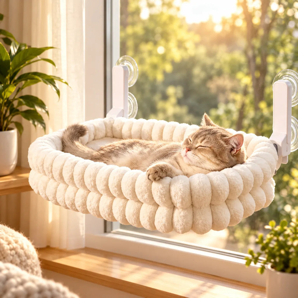 Reversible Window Mount Cat Hammock – Seasonal Plush Mesh Suction Cup Hanging Bed