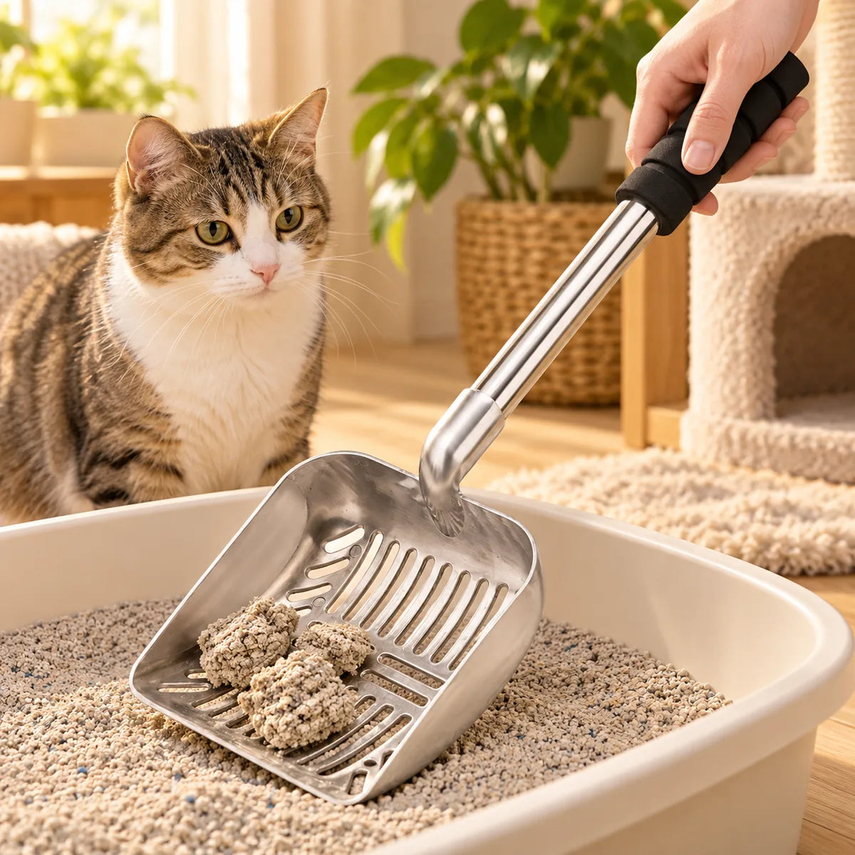 Extended Handle Aluminum Cat Litter Scoop – Ergonomic No-Bend Mesh Waste Sifter