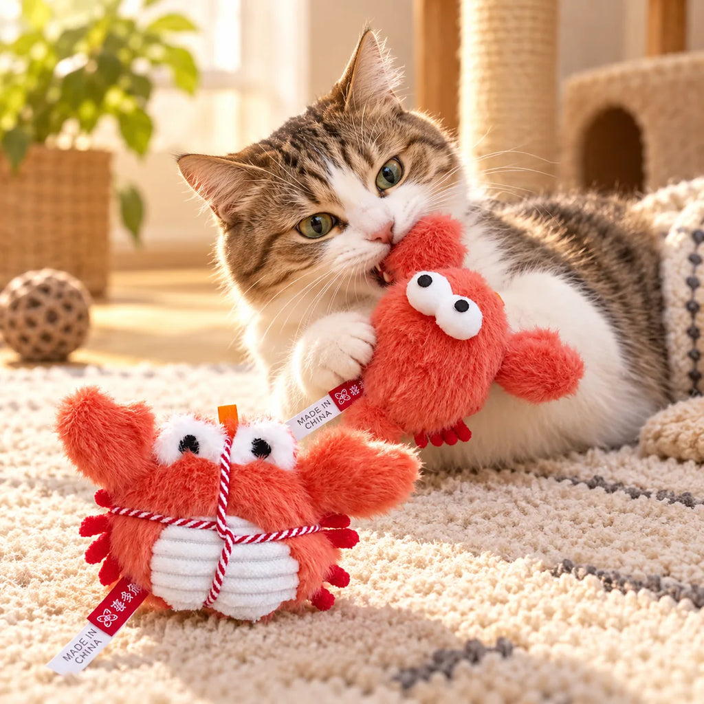 Plush Catnip Crab Lobster Toy – Built-In Bell Dental Health Hunting Toy