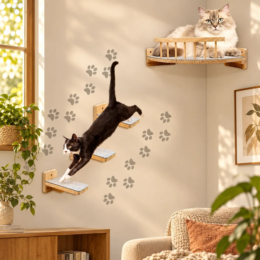 Wall-Mounted Solid Wood Cat Climbing Frame – Space-Saving Multi-Level Perch Bed Set