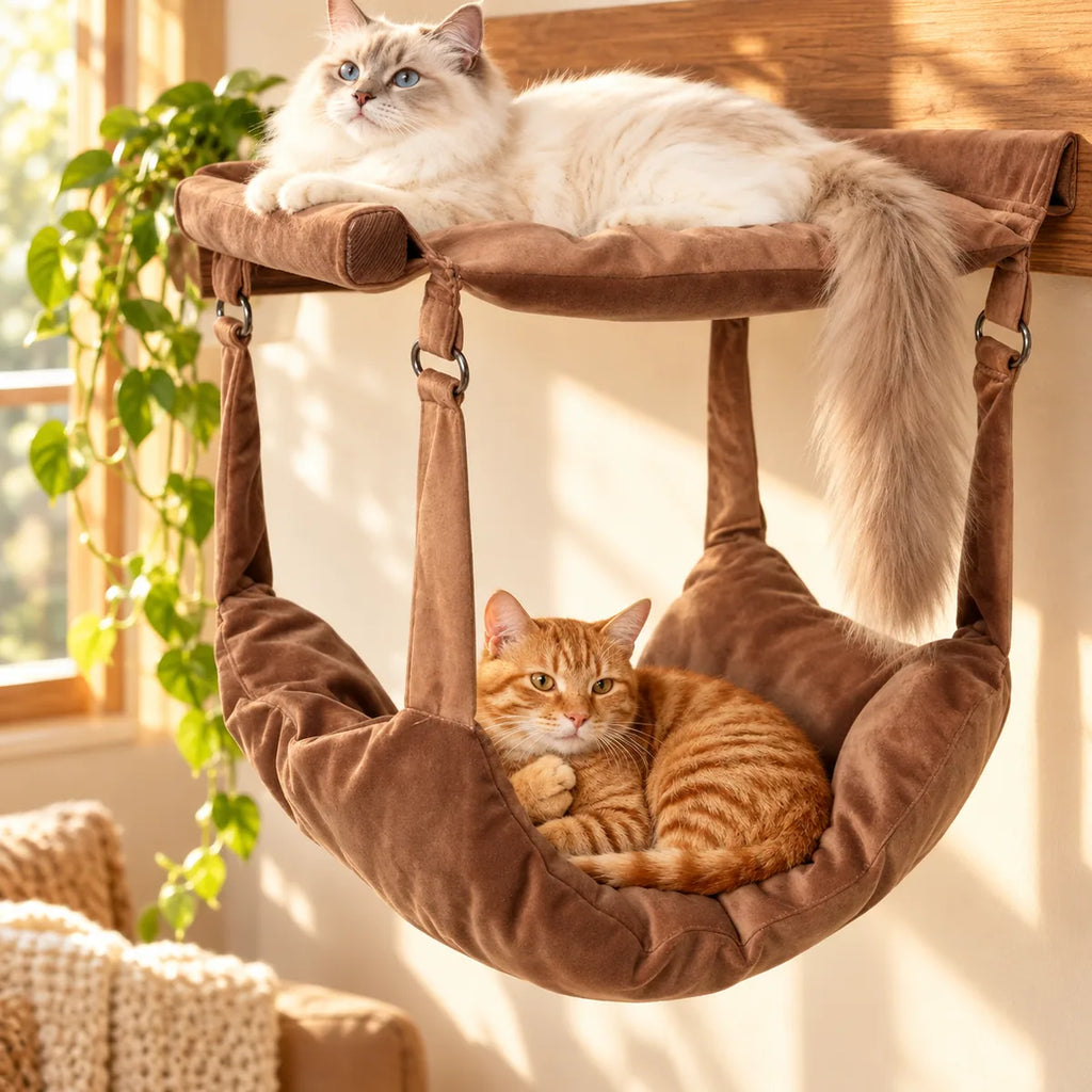 2-Tier Wooden Hanging Cat Hammock – Space-Saving Double-Layer Wall Floating Bed Nest