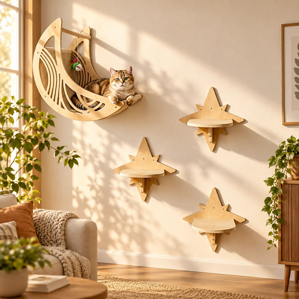Wooden Wall-Mounted Cat Climbing Gym – Celestial Moon Bed Interactive Play Set