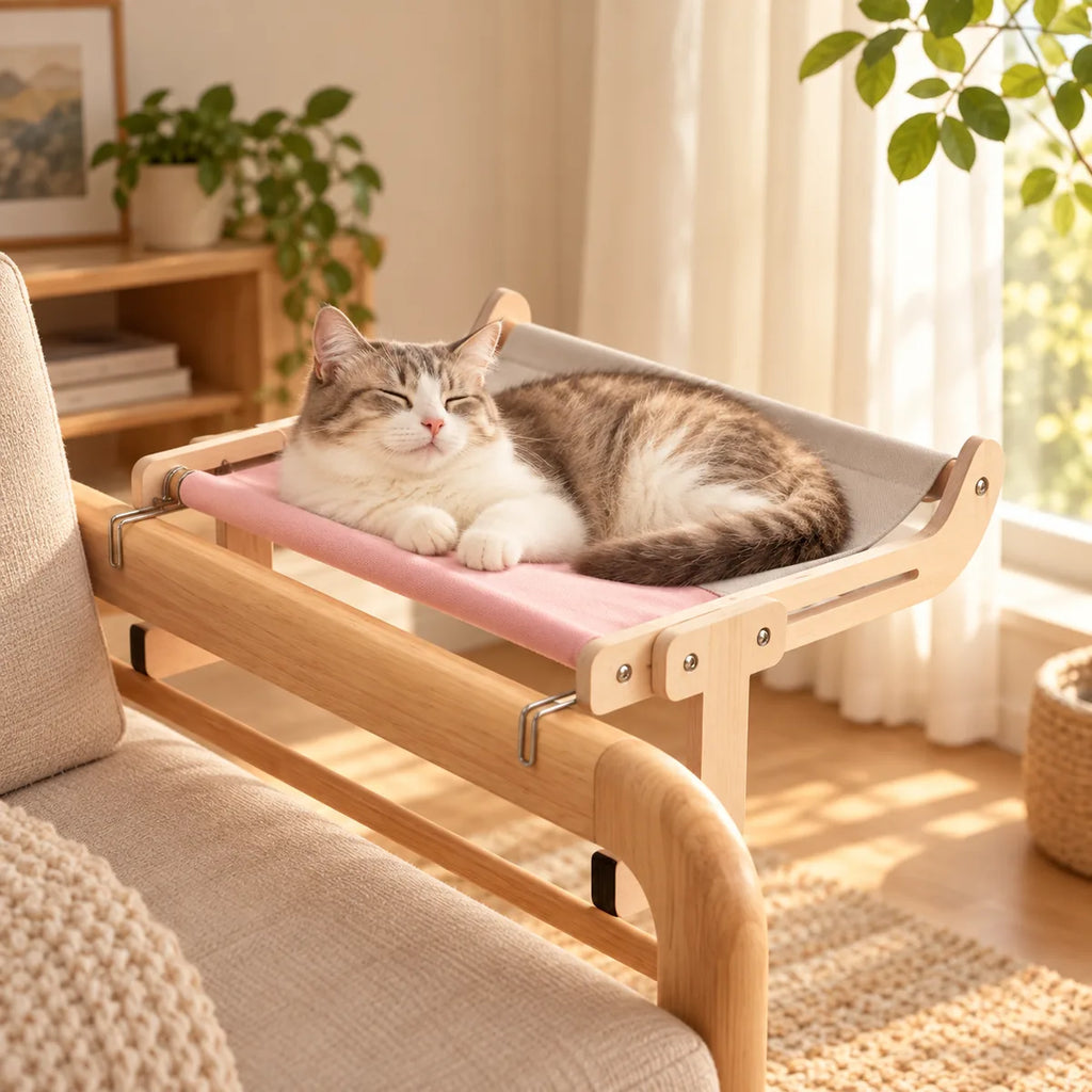 Versatile Wooden Hanging Cat Hammock – Multi-Mount Window Balcony and Bedside Cradle