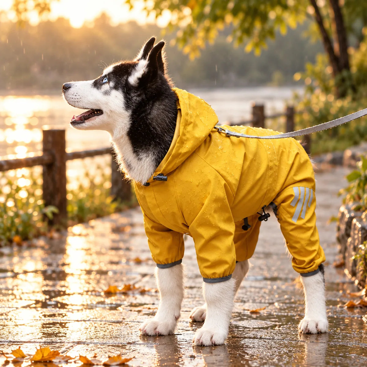 Full-Body Four-Legged Waterproof Dog Raincoat – Integrated Leash Hole Breathable Storm Hoodie