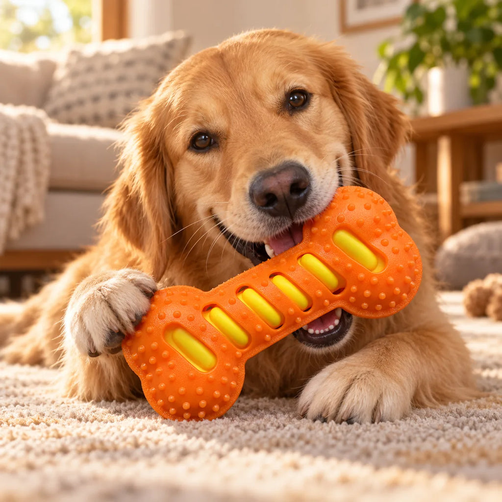 Heavy-Duty Squeaky Bone Dog Toy – Indestructible Rubber Dental Health Boredom Relief