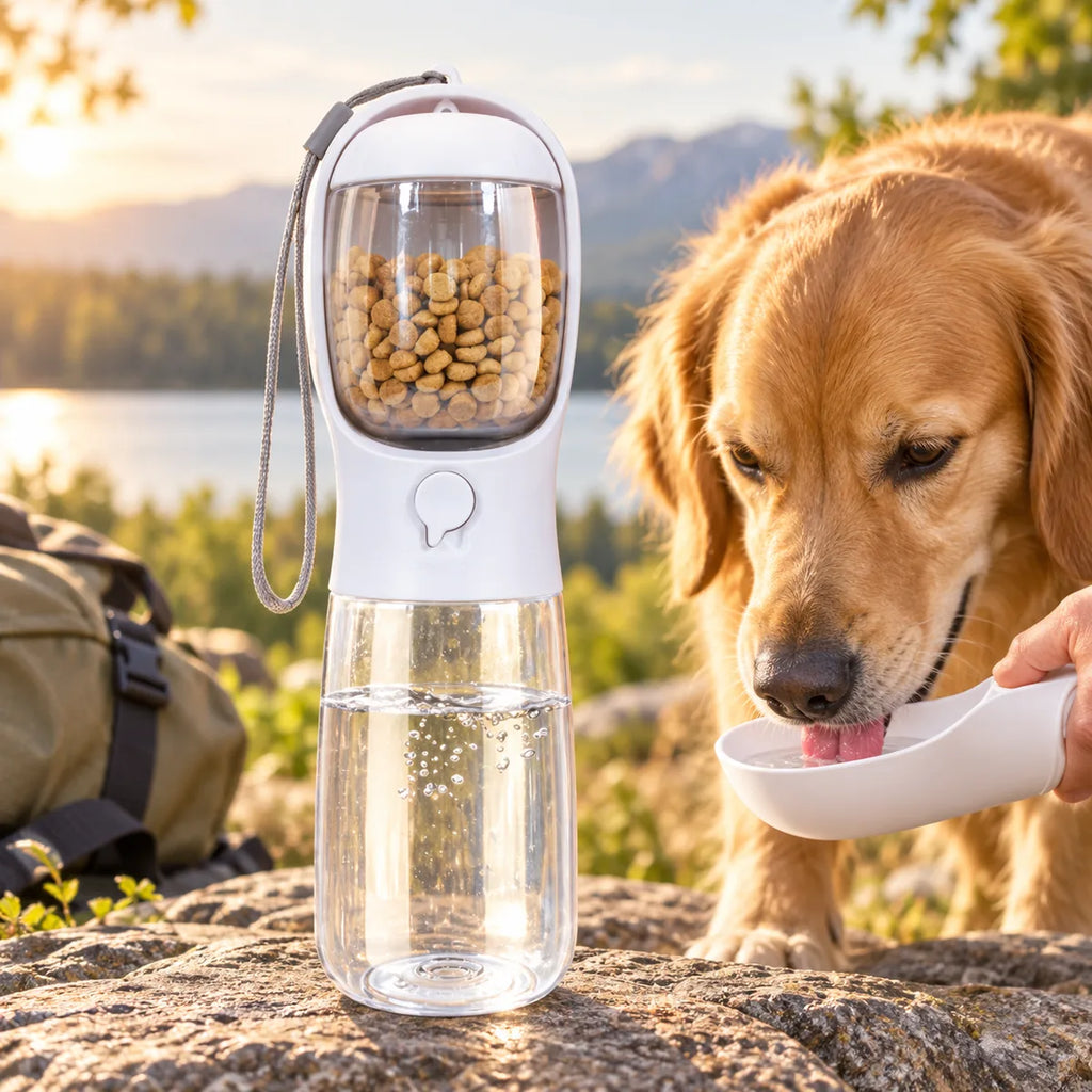 2-in-1 Portable Pet Travel Bottle – Leak-Proof Filtered Food Water Dispenser Cup
