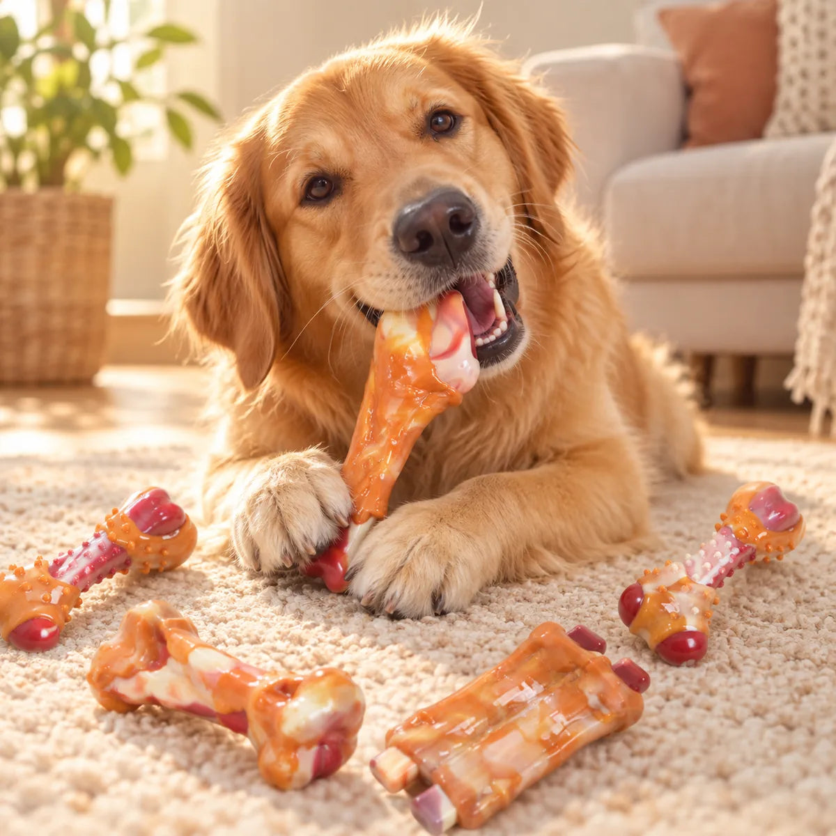 Heavy-Duty Rubber Teething Dog Toy – Bone Chicken Leg Molar Dental Health Bone
