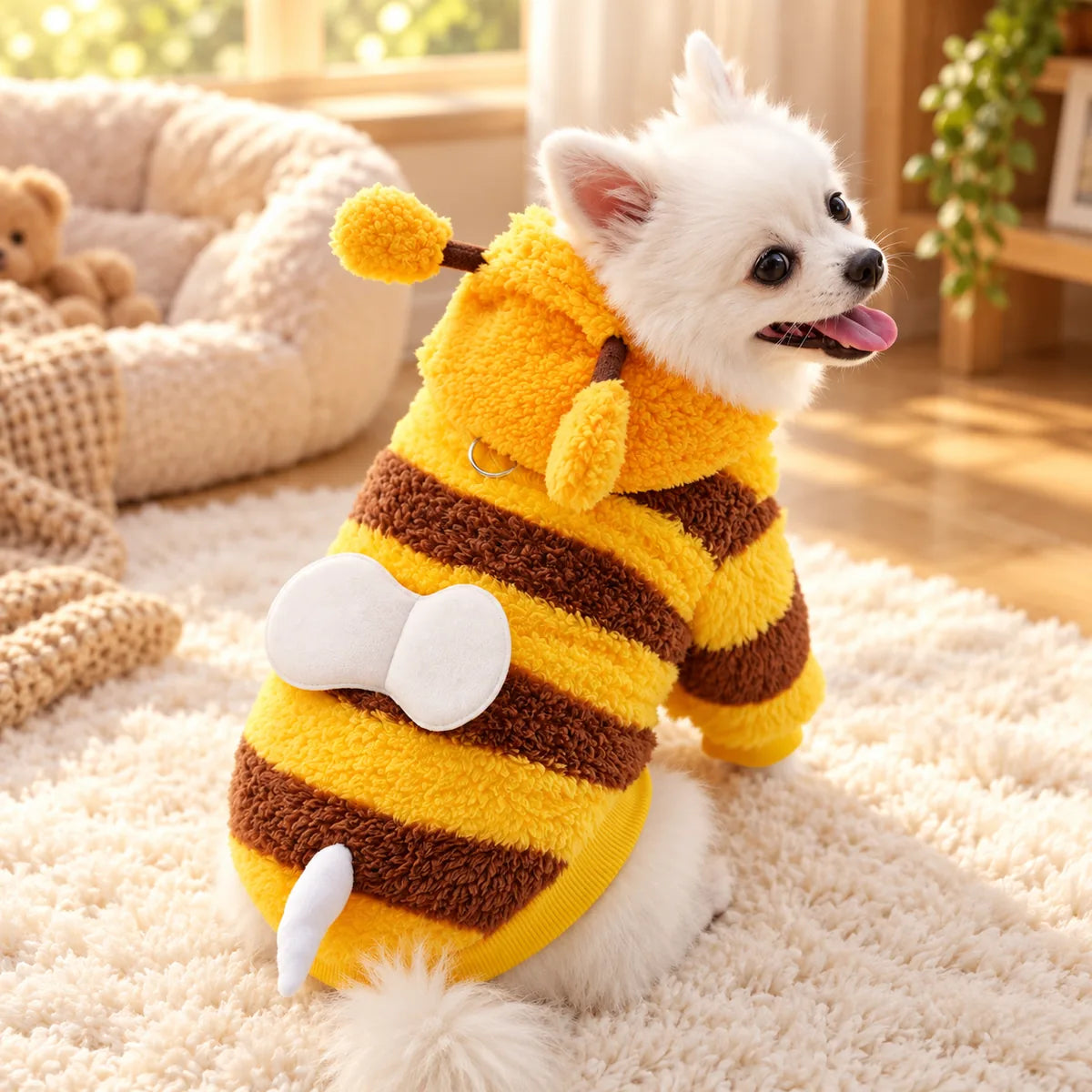 Transformative Bee Fleece-Lined Dog Costume – Winter Warm Leash Attachment Hoodie Coat