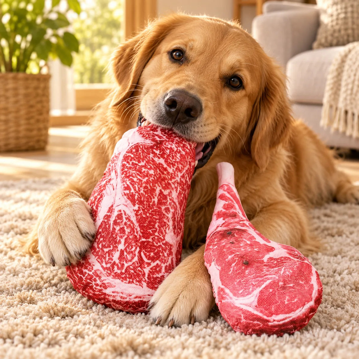 Heavy-Duty Canvas Steak Dog Chew Toy – Tomahawk Shape Interactive Boredom Relief Pouch