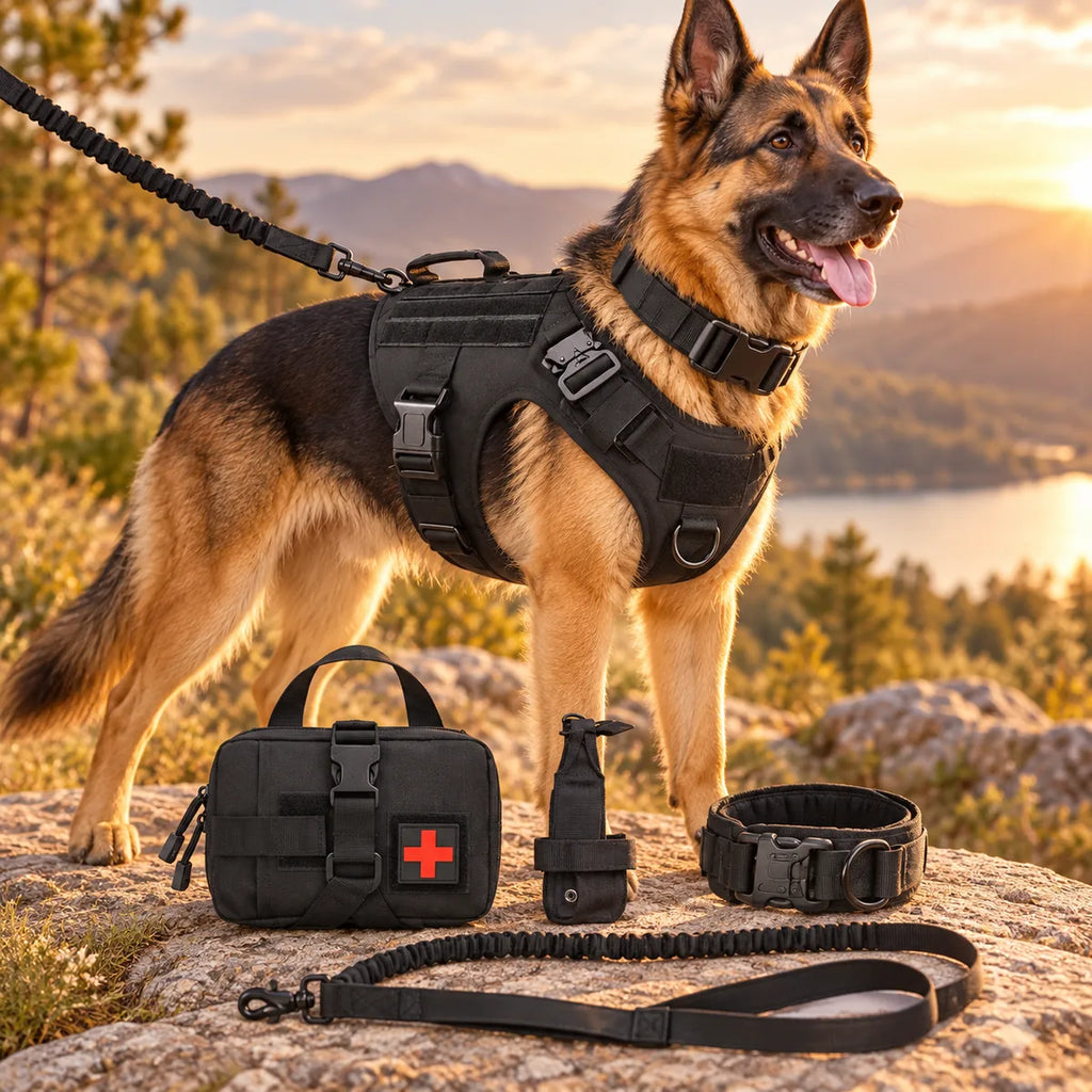 6-Piece Heavy-Duty Tactical Dog Harness Set – Rugged Training Vest With Utility Accessories